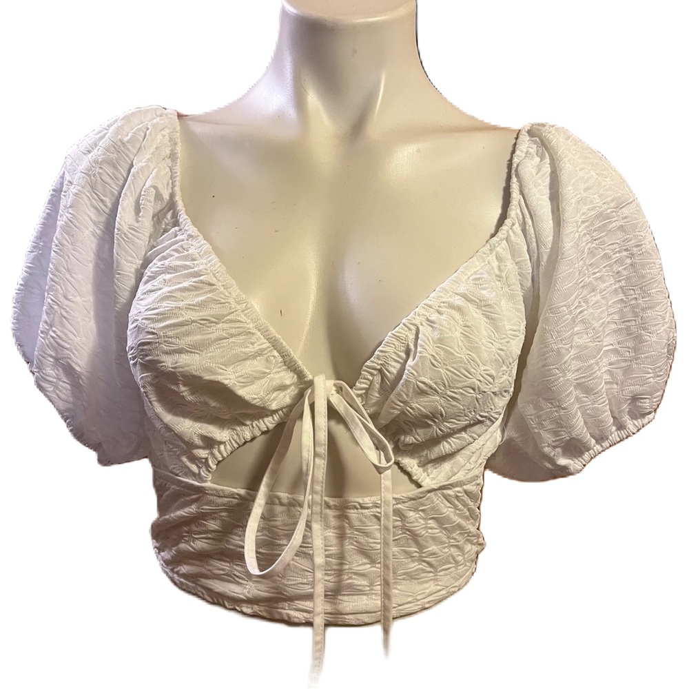 Zara white puff sleeve tie front crop top